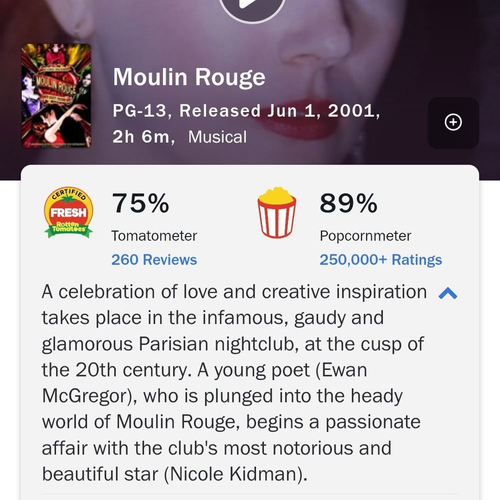 Rotten Tomatoes score of 75%, audience score of 89% with over 250k ratings