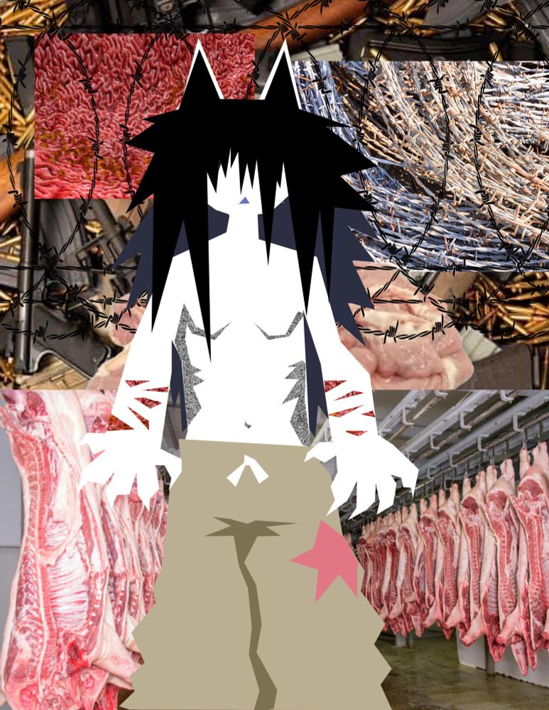 loserboy. he’s a white cat thing with black human hair. he’s been chopping it up in the meat factory. there’s all sorts of yucky stuff behind him.