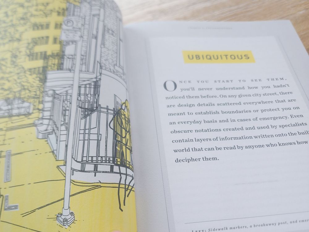 a blurry picture of a page in the book. illustration of a street lined with buildings on the left page, and a section titled 