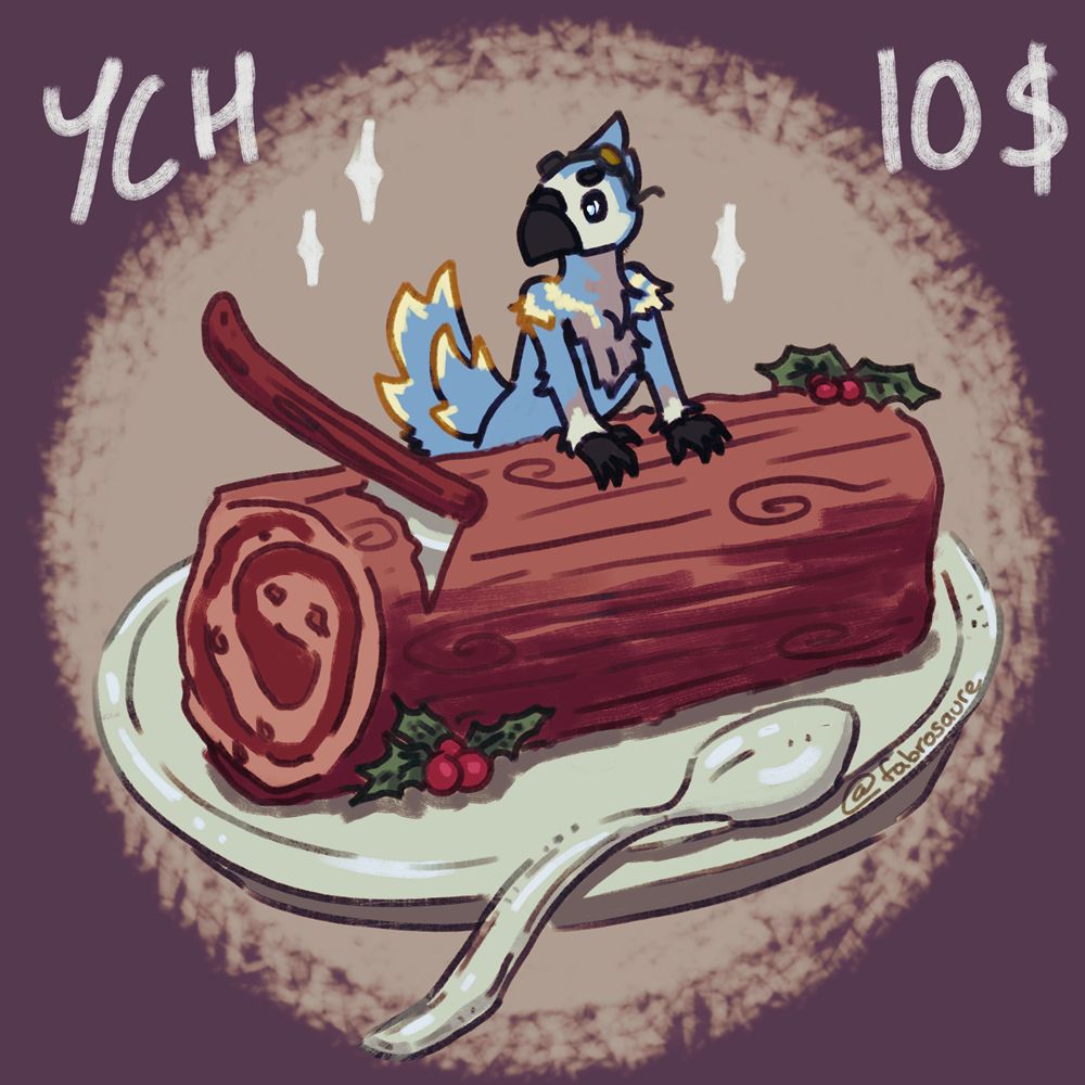 Painting of a yule log on a plate with a spoon in the foreground. There is a blue bird character perched on the yule log.