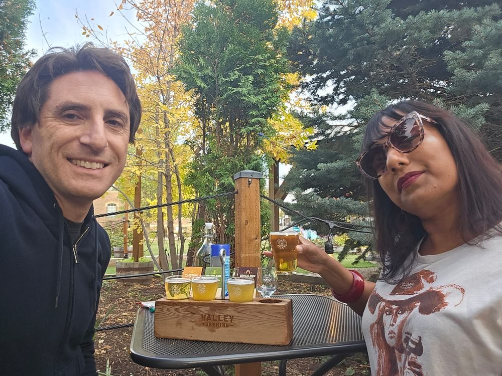 Ruvani and Justin with beer flight at Valley Brewing
