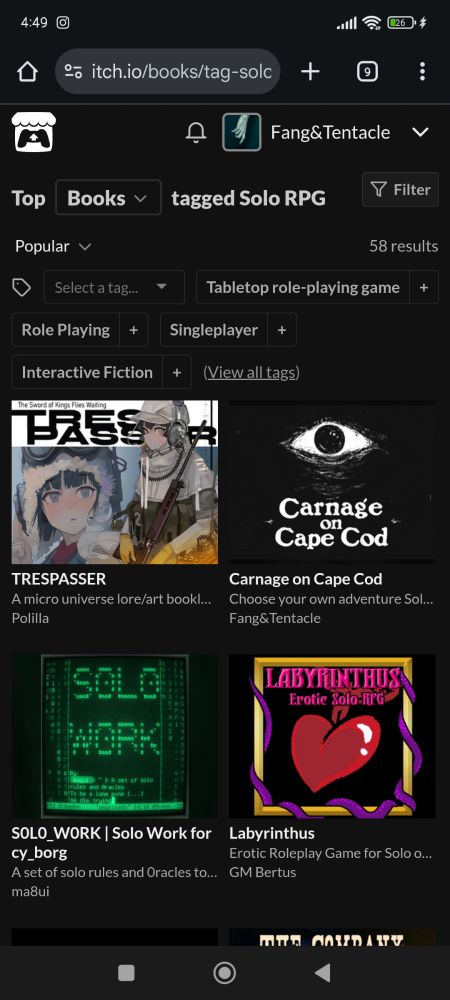 A screenshot of the most popular Solo RPG currently on itch.io. Carnage on Cape Cod is looking good in the second place, accompanied by TRESPASSER, S0L0_W0RK | Solo Work for cy_borg, Labyrinthus, and others.