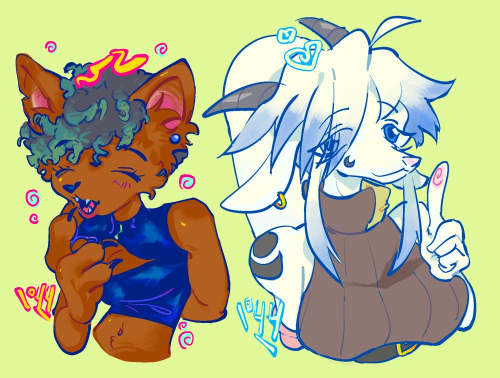 Two half body shots of two anthro characters done in a very stylish and shapely style.

The feline one on the left is bending back as the talk and the goat on the left look at the viewer with a raised hand pointing gesture.