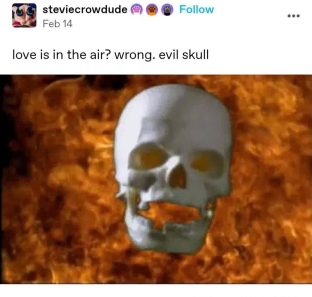 Tumblr post with the text 'Love is in the air? wrong. evil skull'. There's also a picture of an evil skull that's on fire. It's super sick. Way cooler than love.