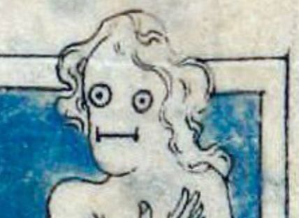 close up of an illustration of a naked woman (probably Eve) from a medieval manuscript. She has round, bugged-out eyes and a sideways mouth. The expression is 50% "I have witnessed cosmic horrors" and 50% "welp"