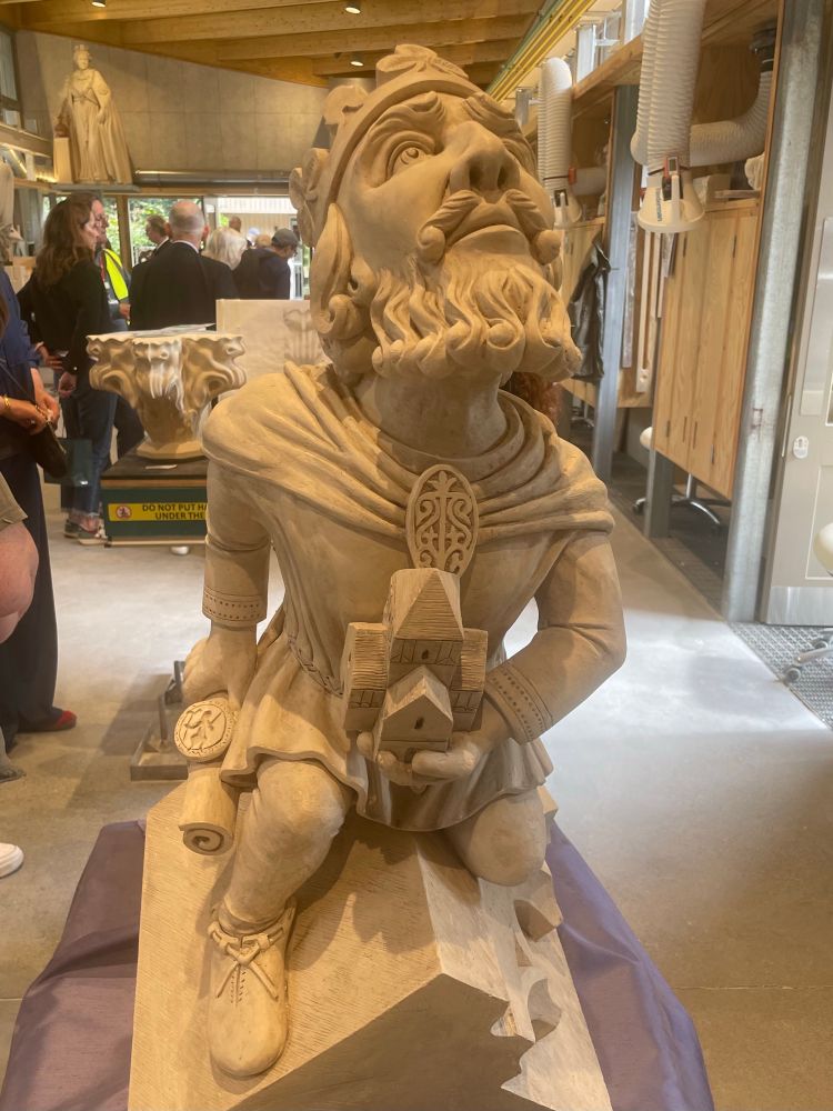 Detailed model for a limestone carving of King Athelstan, to replace an eroded one, and to be sited high up on York Minster. He’s holding a model church (possibly the original Minster?)