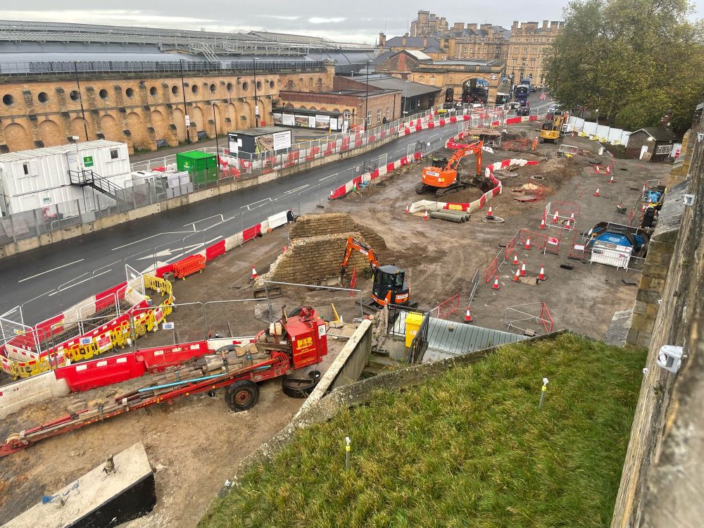 Clear ground where the old Queen Street Bridge ran. Top right shows the original signal box, although no tracks run through the area now. 