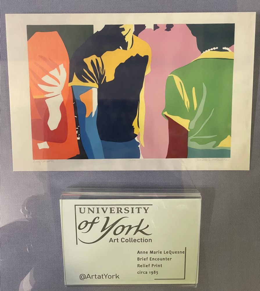 Relief print by Anne Marie LeQuesne called Brief Encounter showing three people passing each other. 