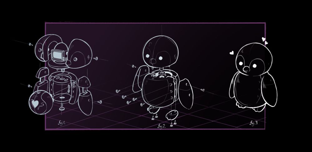 assembly diagram of a robot penguin being put together in three steps, like a schematic