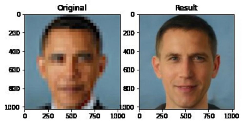 Infamous screenshot of an image from an academic paper showing a pixelated photo of Barack Obama on the left that is reconstructed by AI, the final result of the output depicted on the right is a white man.