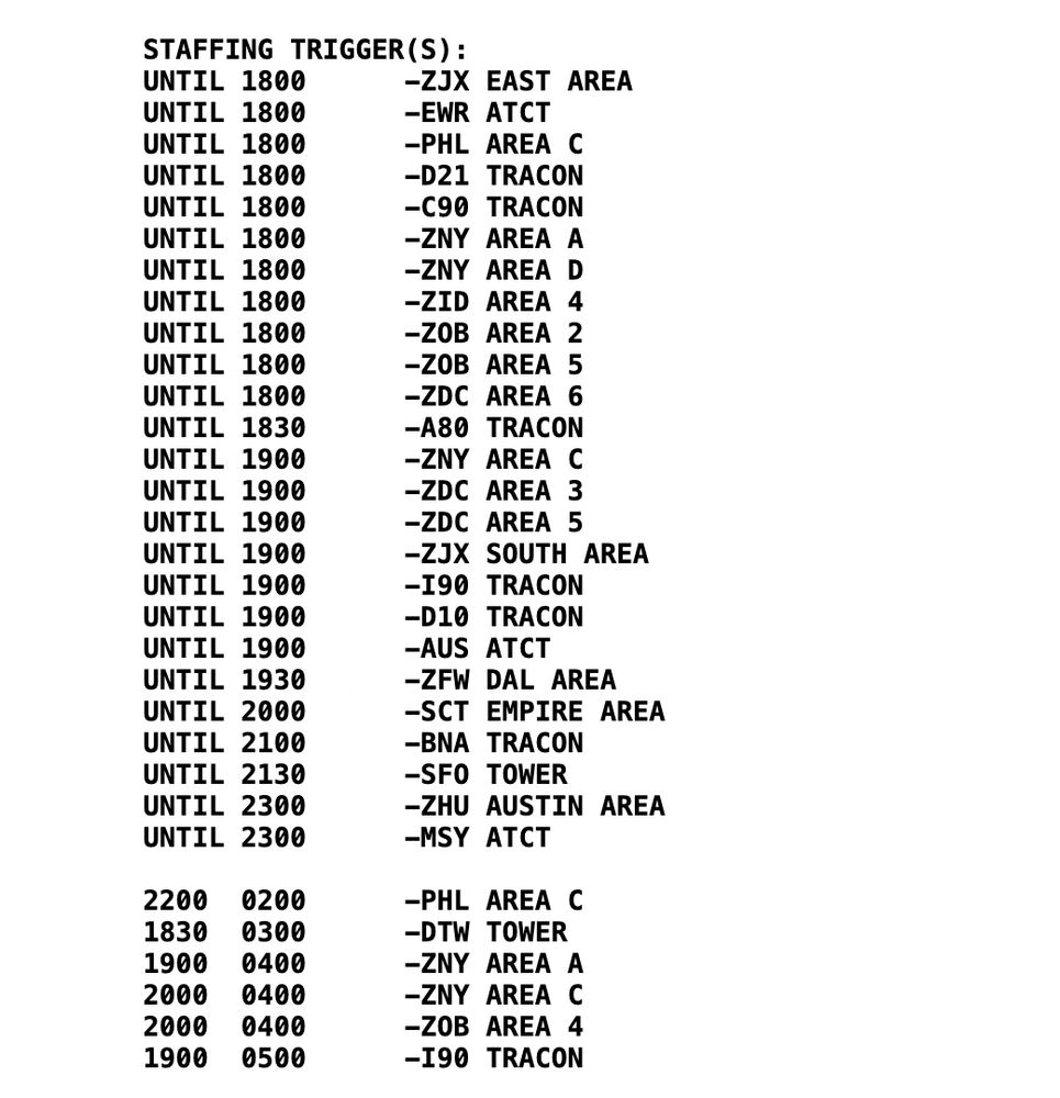 Screenshot of the FAA ATC operations plan showing a massive list of staffing triggers across over 30 facilities