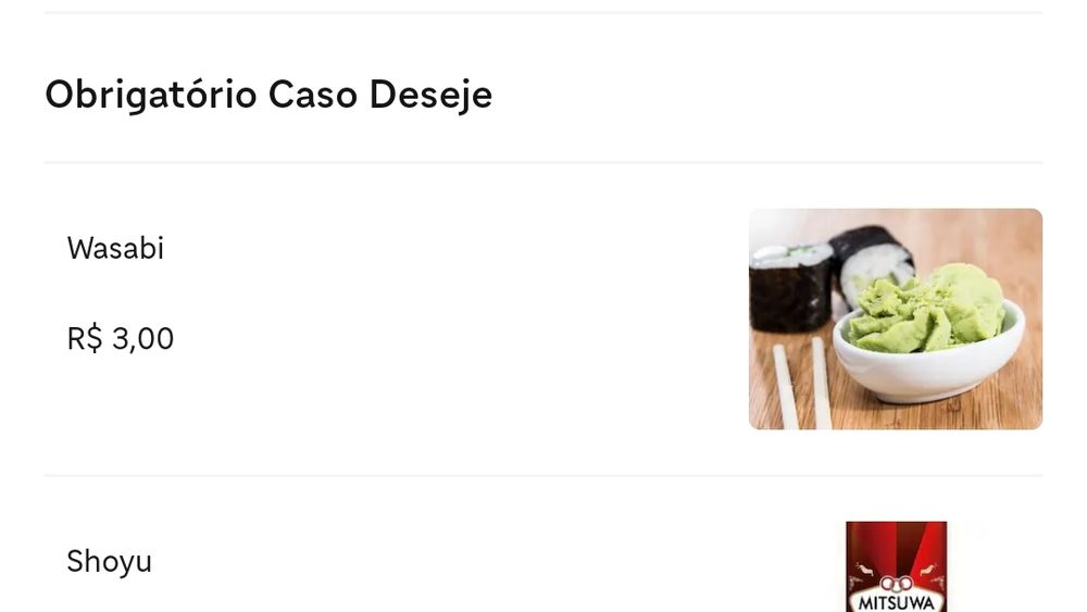 Print do app ifood mostrando uma seção de um restaurante na qual se lê a frase "obrigatório caso deseje", onde o usuário pode adicionar molhos a um pedido de comida japonesa