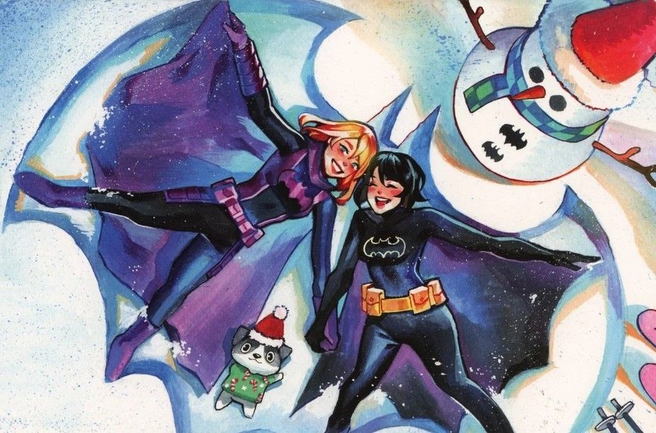 Alternate Cover of Batgirls #2 (2021), Steph and Cass lying in the snow in their Batgirl suits with their masks off, they're making a snow angel, but it's the bat logo instead of an angel. there's a snowman wearing a santa hat and a green scarf behind them that has batarangs for buttons