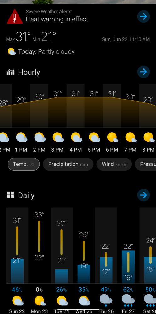A screen cap of a weather app, showing severe weather "heat warning in effect" alert at the top, and temp rising to 31 degrees celcius by 3pm. This number does not include the humidex value which will make it feel more like 40 degrees celcius today. 
