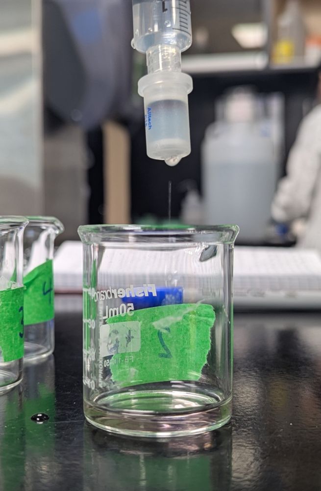 A beaker with some pinkish fluid inside sits underneath a syringe attached to a chromatography separation column. The inside of the column is blue with a dark blue line at the top. 