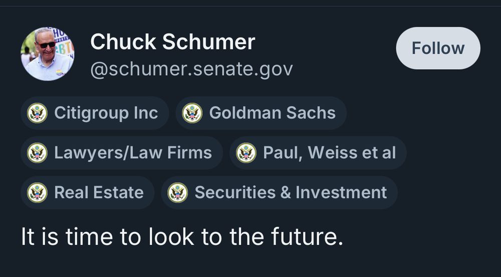 Screenshot of tweet showing labels for Schumer's major donors -Wall Street Journal scumbags snd the like