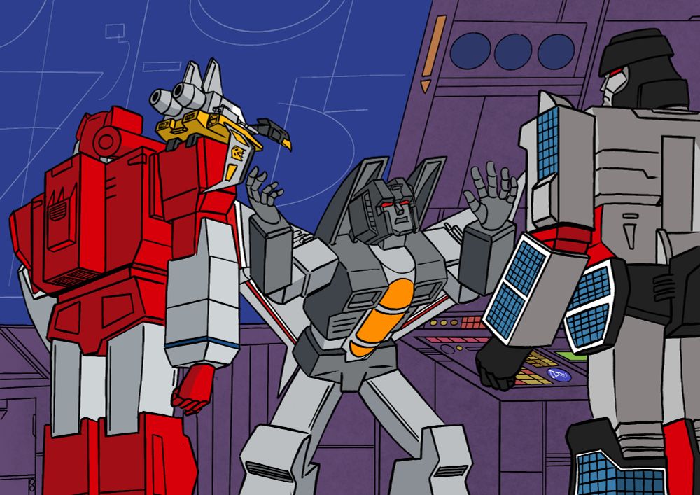 A red Soundwave with Buzzsaw atop his right shoulder and the villainous Negator look on as Starscream gesticulates wildly to them, behind and impressive bank of screens.