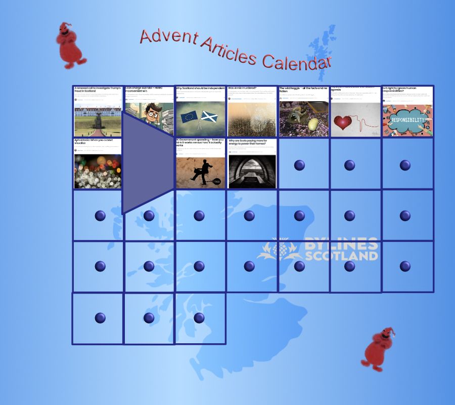 Advent calendar with the best Bylines Scotland's articles from 2024. Background with a map from Scotland and a Christmas character