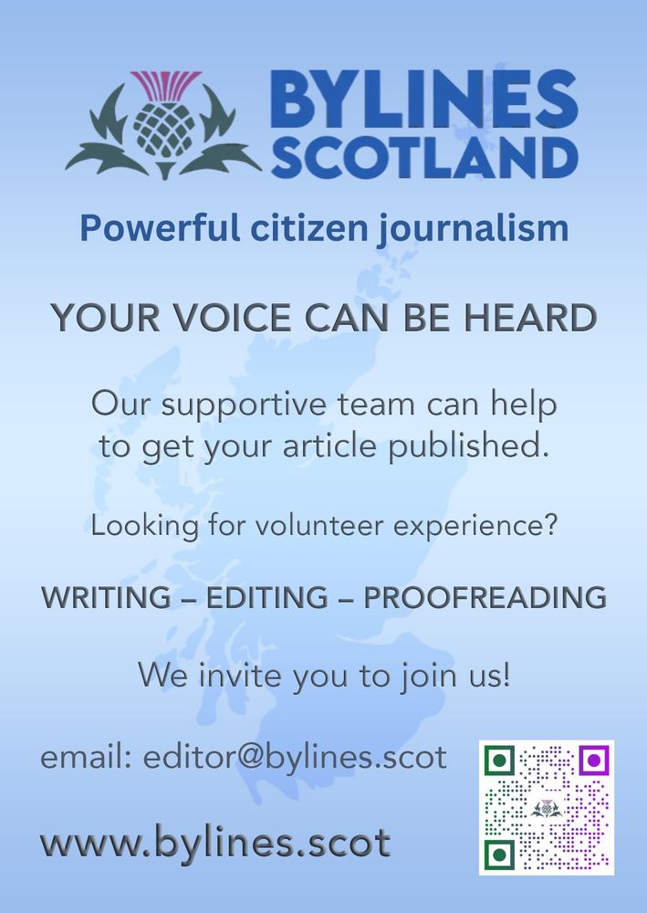 A flyer inviting people to volunteer for Bylines Scotland with a map of Scotland in the background and a QR code