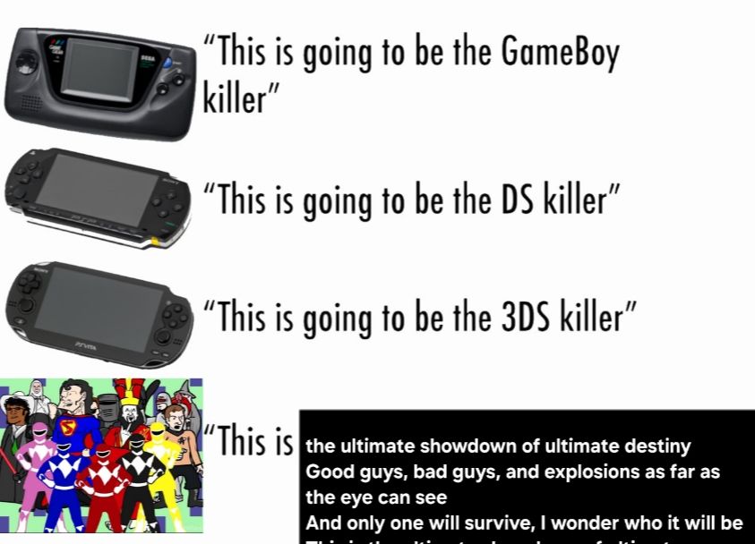 a list of various handheld consoles over the years, each one with text next to them claiming how they would be the killer of their respective generation's Nintendo handheld. The final image in the list is a still image from the music video to "ultimate showdown of ultimate destiny", with the text next to it replaced with the lyrics