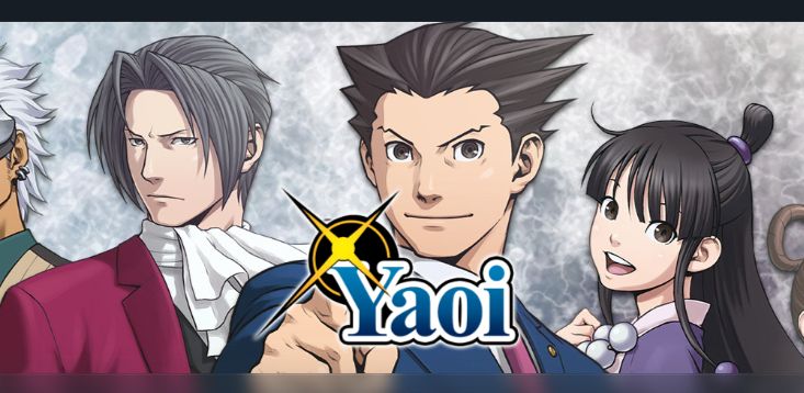 the steam library banner for Pheonix Wright: Ace Attorney Trilogy. the logo has been replaced with an edit that replicates the original logo, but reads "Yaoi"