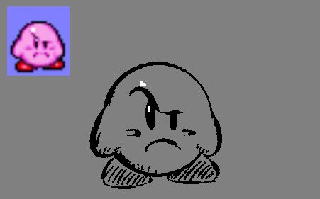 digital redraw of a kirby sprite that depicts him with an upset expression, with his eyebrow raised