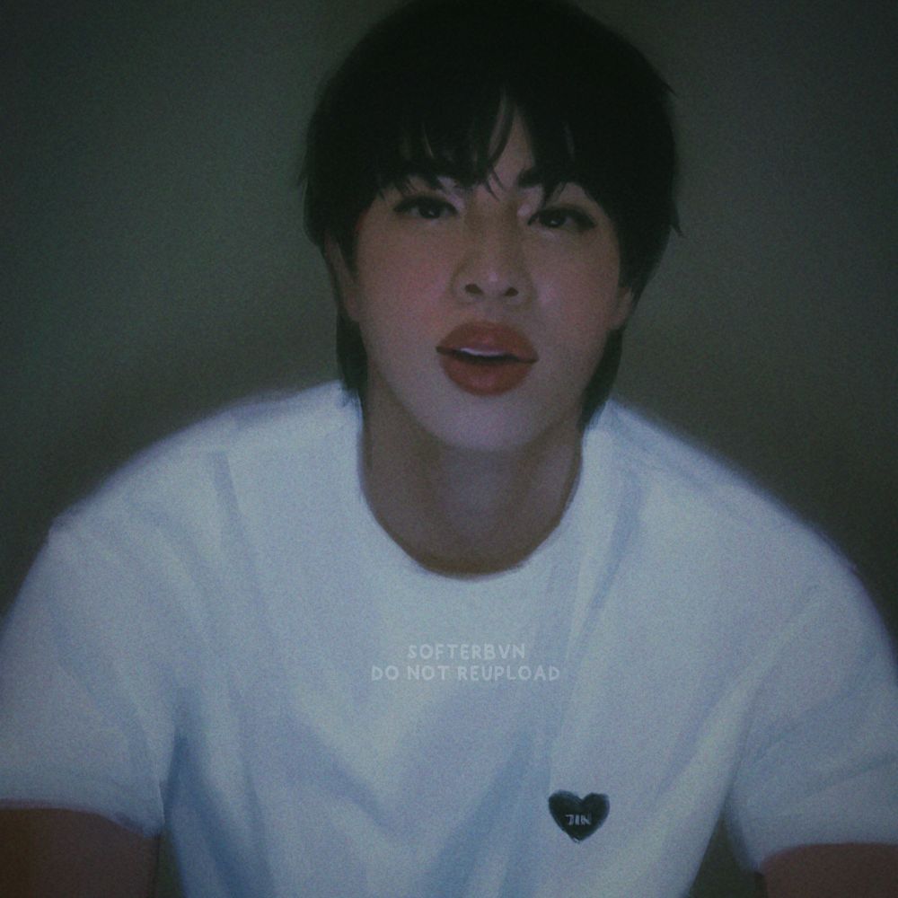 ✦ illustration of seokjin looking at the camera, his face illuminated by the screen he's facing. his hair is bit messy, he's wearing a white shirt with a black heart logo on his chest with "jin" in capital white letters in it.