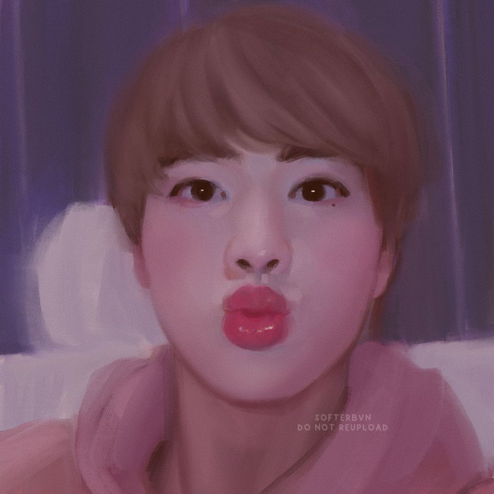 illustration of seokjin looking directly at the viewer and puckering his lips. he's wearing a pink hoodie. reference from 151208 bts run in hotel.