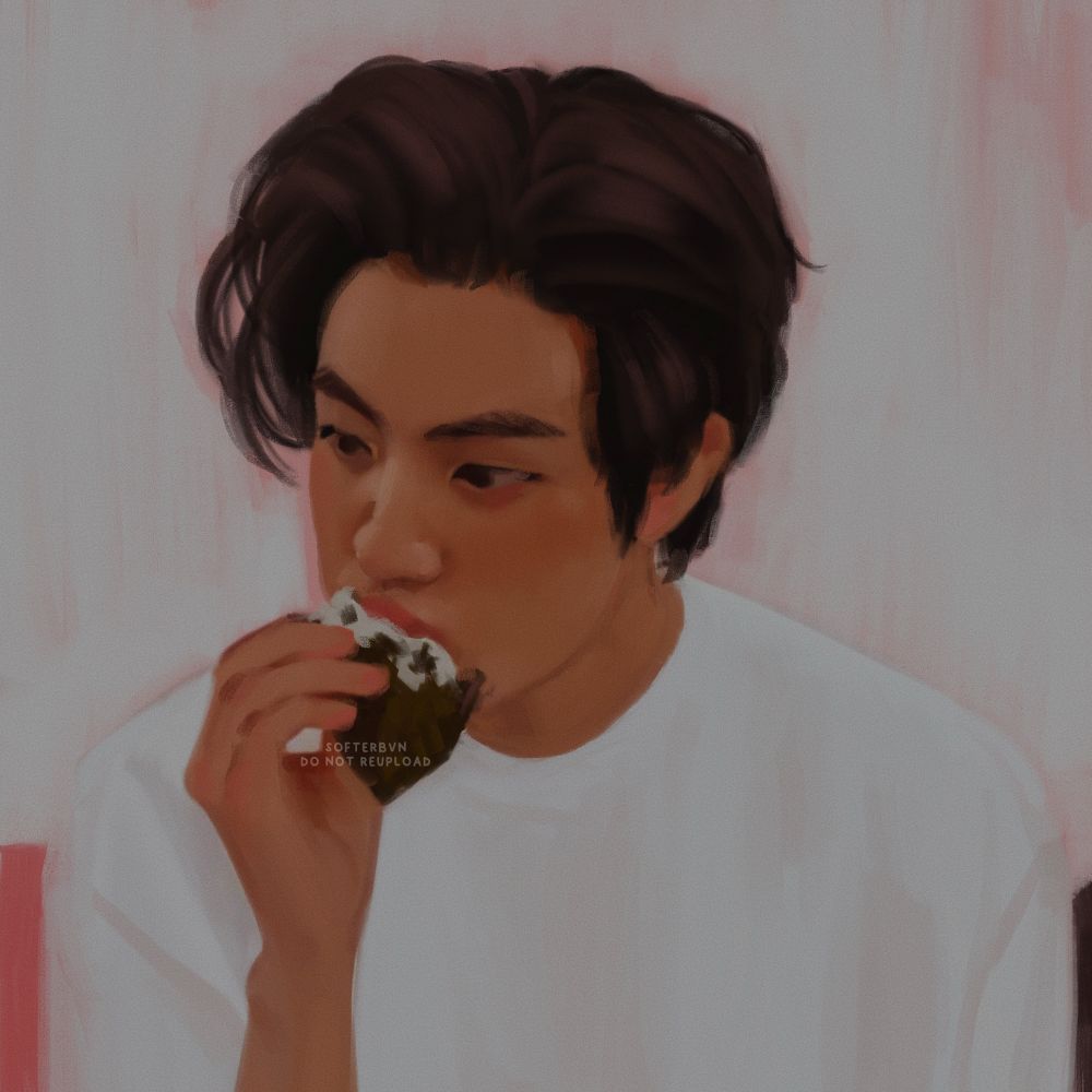 illustration of seokjin cutely eating a triangle gimbap against a light background with a pink underpainting. his hair is fluffy and a bit messy, and he's wearing a white shirt.