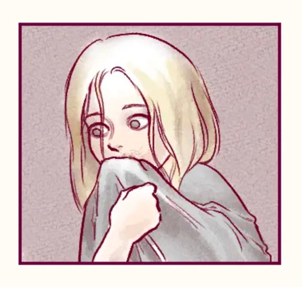 A comic panel of a scared looking blonde white child with long hair and grey eyes covering their mouth with a sheet. There is something smudged around the area they're hiding.