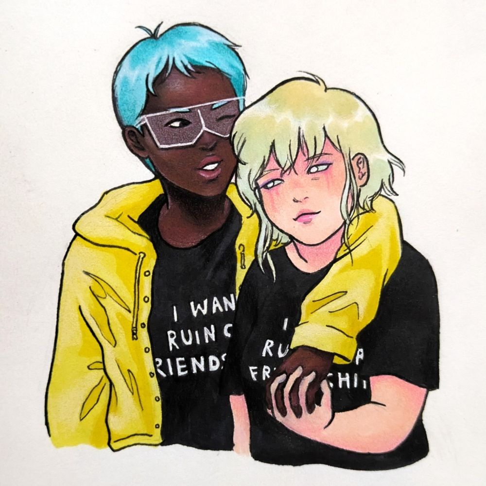 A traditional illustration of two women in a romantic embrace holding hands. One of them is taller and thin with dark skin and short, straight cyan hair. The other is white and chubby with pinkish skin and chin length fluffy hair that's a gradient of blonde and pale blue. They're both wearing pink lipstick, and the girl on the right has pink tear style makeup as well. Both women are wearing black t shirts that say "I wanna ruin our friendship" in white text, which is partially obscured.