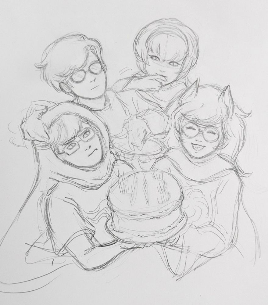 A pencil sketch of the Homestuck beta kids in their god tier outfits holding a cake that says 413 written in candles while being silly. Dave is pretending to play John's head like a turntable and John looks annoyed. Jade and Rose are smiling and laughing.