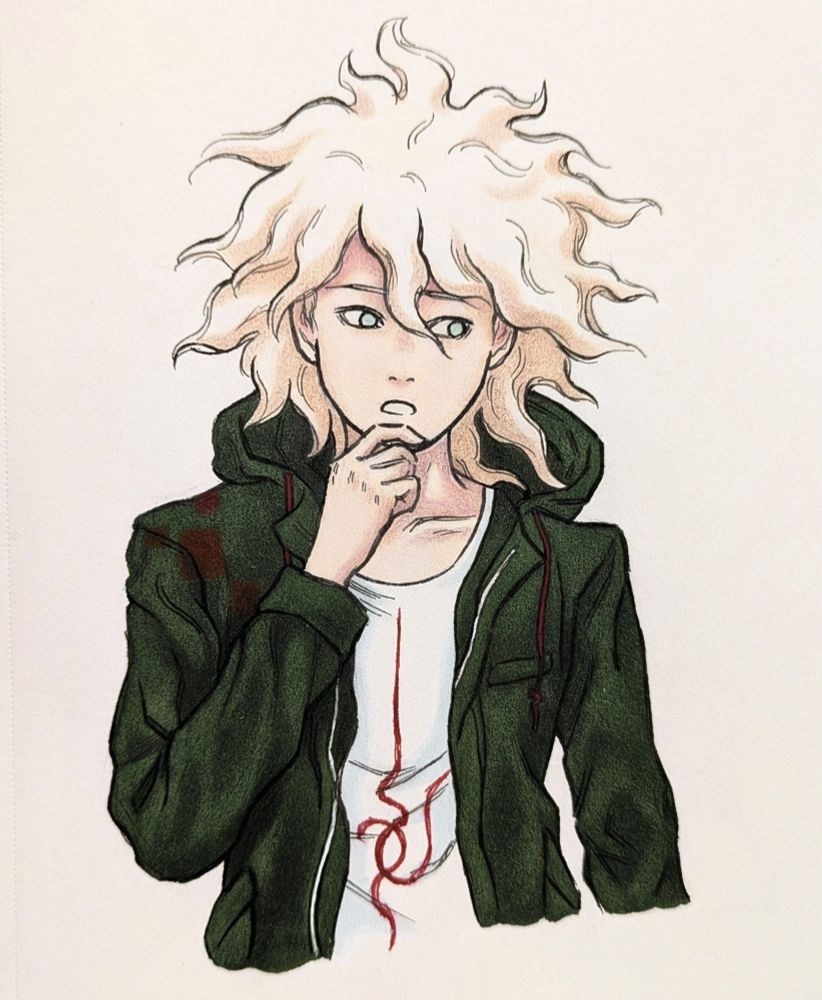 A pen, marker, and colored pencil illustration of Nagito Komaeda from Danganronpa 2. He is putting his hand up near his mouth and looking off to the side, in the same pose as one of his sprites.