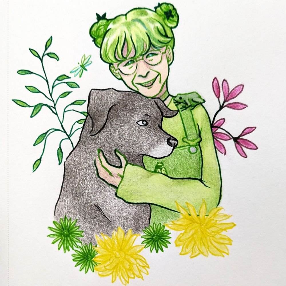 A pen and colored pencil illustration of the green lady of brooklyn, an older lady with green hair and outfit, hugging her dog, who is black with a white muzzle. There are also plants in the background and foreground.