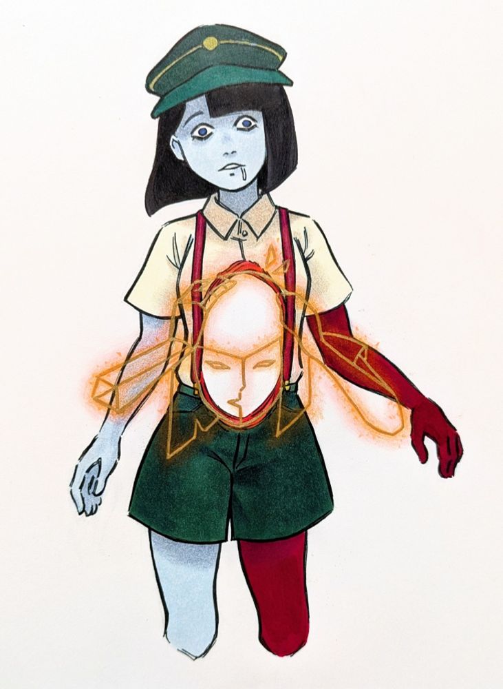 A traditional illustration of the Humanesque version of the character ENA, who has dead eyes, light blue skin (except her left arm and leg are red), a sort of military looking uniform, and a giant gaping hole in her torso. There's also another version of her, depicted as glowing orange lineart, floating over the torso hole, with hands on her head looking distraught.