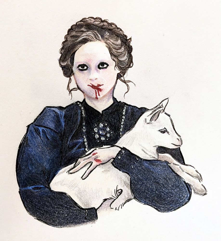 A pwn and colored pencil illustration of the character Lorne from the tv show Severance. She's a white woman with old-fashioned clothes and an updo, smiling gently with blood smeared on her mouth and knuckles while holding a pristine baby goat.