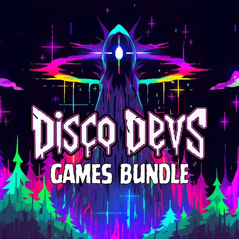 DisCo Devs Games Bundle. A mystical figure towers over a forest. It illuminates bright colors that contrast with a dark background.
