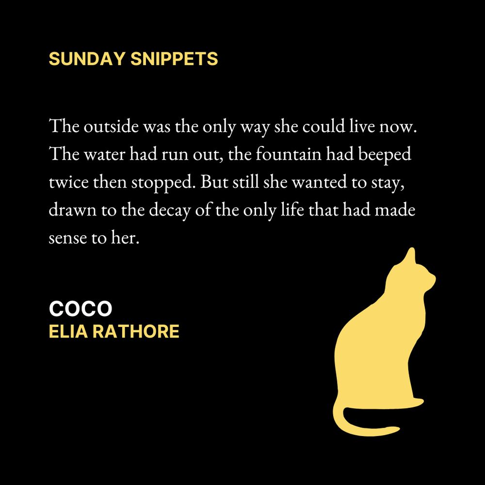Sunday Snippets

The outside was the only way she could live now. The water had run out, the fountain had beeped twice then stopped. But still she wanted to stay, drawn to the decay of the only life that had made sense to her.

COCO
Elia Rathore

Text is on a black background. Picture showing a yellow silhouette of a cat sitting sideways and facing to the right in the bottom right corner.
