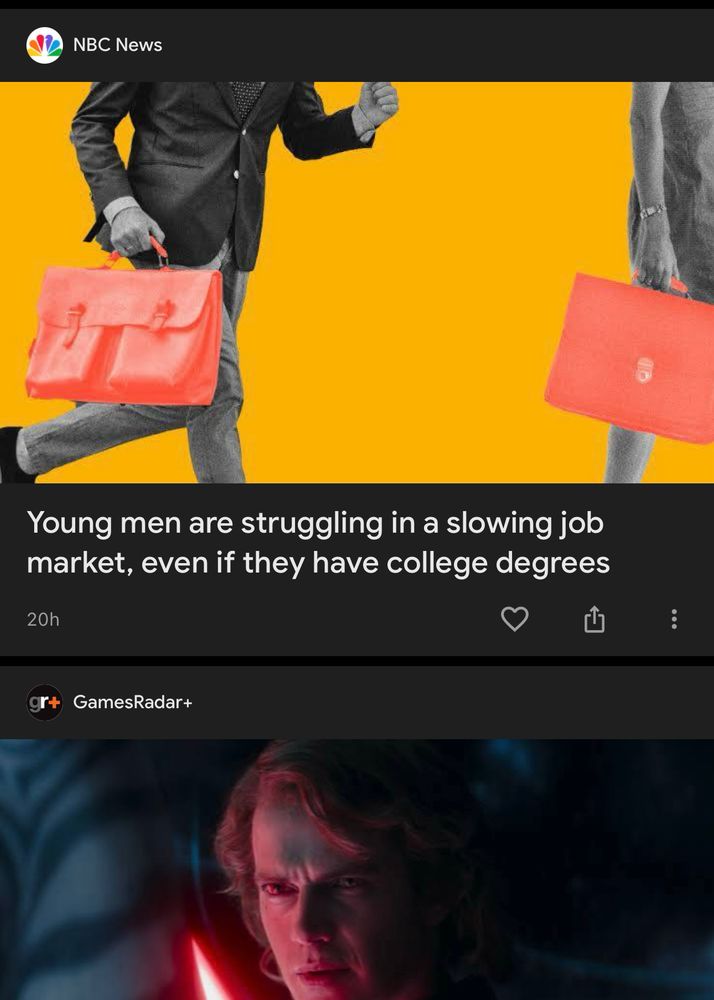 screenshot of an NBC News article with a headline reading "young men are struggling in a slowing job market, even if they have college degrees." Anakin Skywalker is also here, staring disapprovingly.