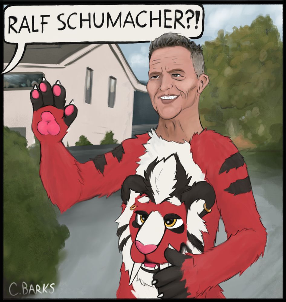 Ralf Schumacher from the german Wir kaufen dein Auto-ads but in fursuit