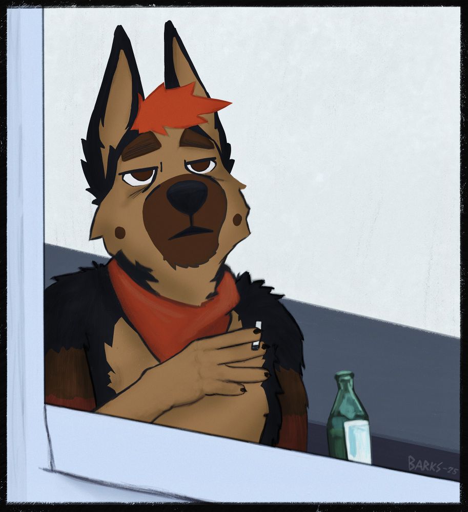 Depressed Ben Affleck smoking a cigarette on a balcony meme but as a anthro german shepherd