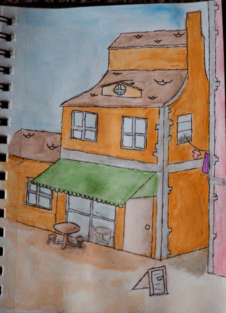 Watercolor painting of a cafe scene in a eastern european style street.