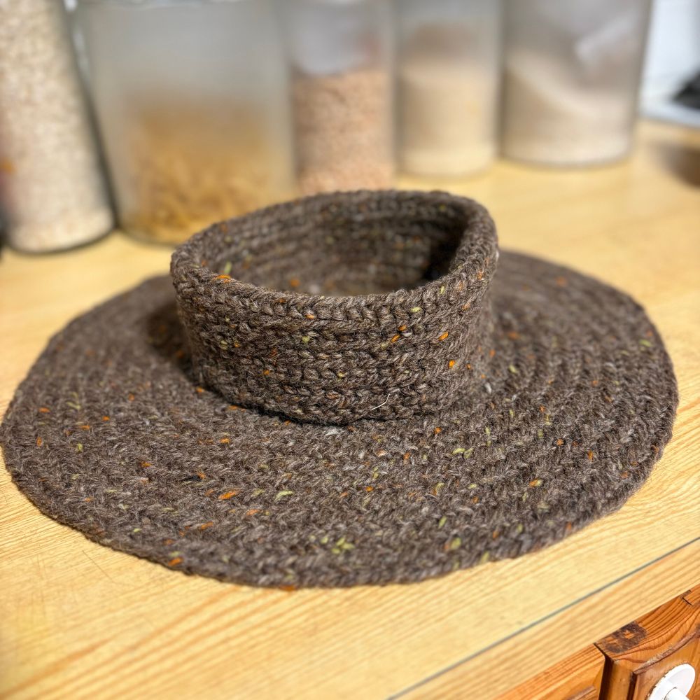 Nalbound cowl in natural brown with folded neck