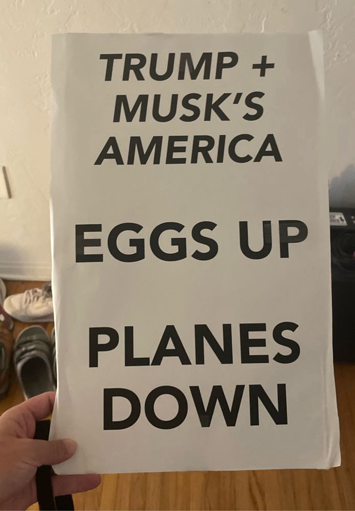 hand holding out sign that reads “trump + musk’s america, eggs up, planes down”