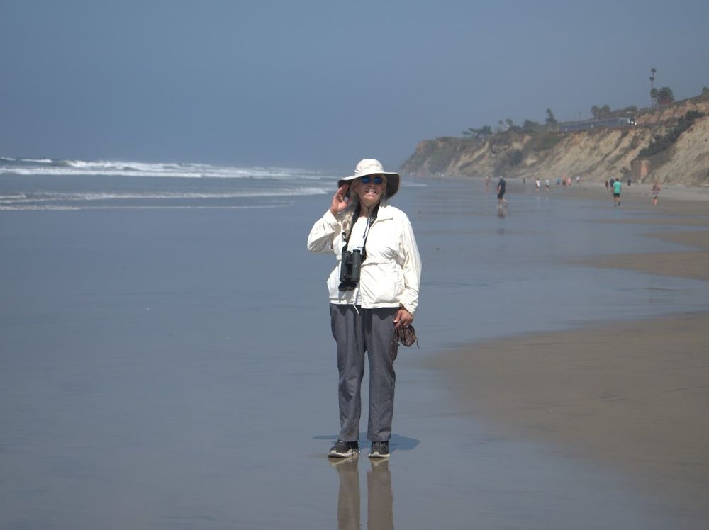 A picture of a woman on the beach gesturing that she can't hear the speaker
