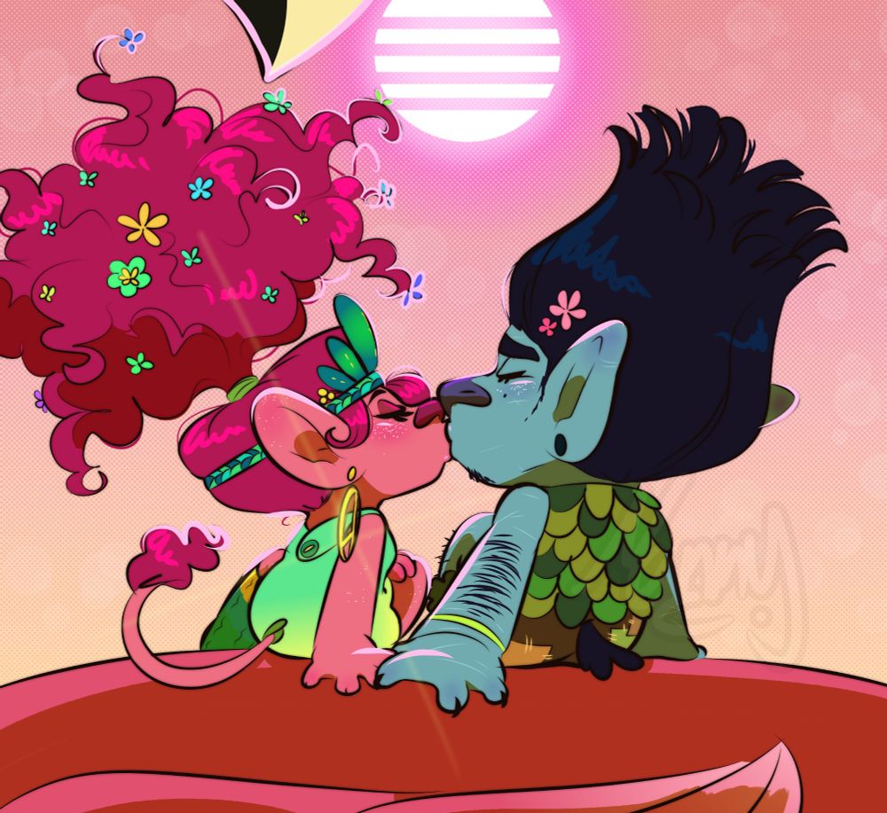 Poppy and Branch sitting on the back of a flamingo, kissing