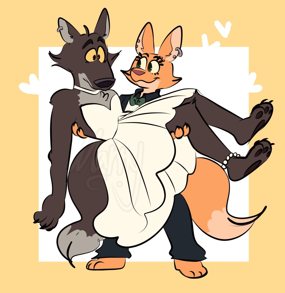 Mr. Wolf in a wedding dress being held by Diane in a wedding suit.