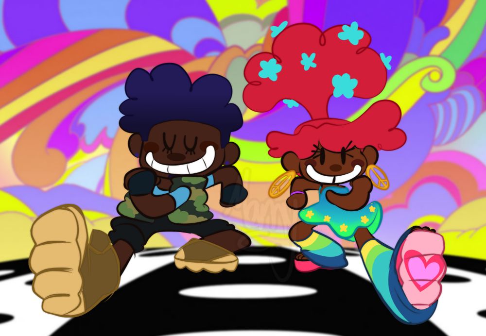 A Trolls Band Together frame redraw with humanizations. Branch and Poppy in the hustle zone.