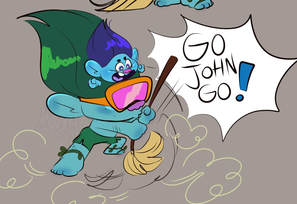 John Dory is sweeping while baby Branch cheers him on "GO JOHN GO!"