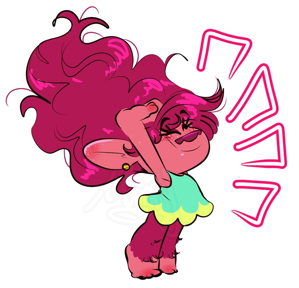 Poppy stretching her arms and back wearing a pajamas. Her legs are fuzzy